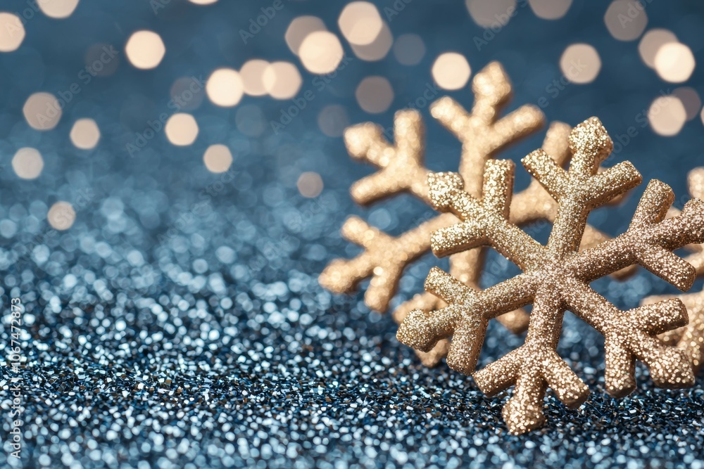A Close-up of Gold Snowflakes on a Blue Glittery Background Representing Winter Wonderland and Holiday Cheer A Close-up of Gold Snowflakes on a Blue Glittery Background Representing Winter Wonderland and Holiday Cheer