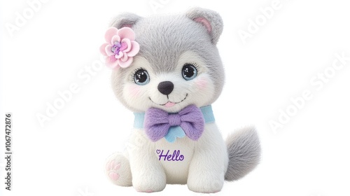  Adorable gray and white husky felt toy with big eyes, a purple bow, pastel pink flower, and "Hello" text, creating a kawaii, soft, and charming look on a white background