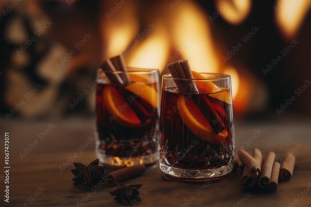 Two glasses of red mulled wine. Hot winter drink with cinnamon, cardamom, orange, anise, Selective focus, soft blurred background, bokeh Two glasses of red mulled wine. Hot winter drink with cinnamon, cardamom, orange, anise, Selective focus, soft blurred background, bokeh