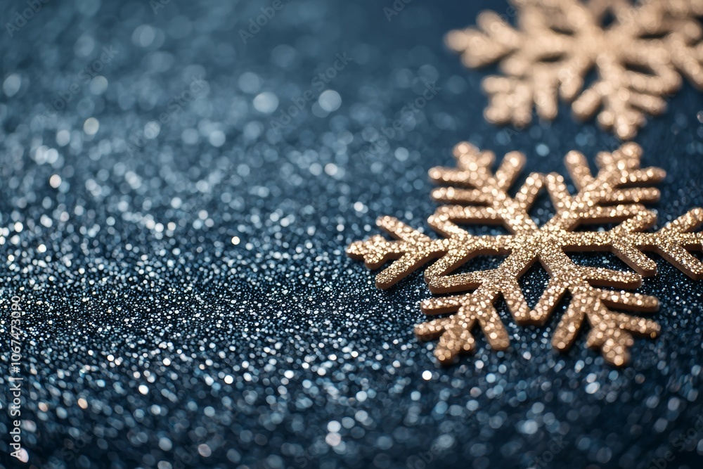 Close-up Shot of gold-colored and intricate snowflakes on a Glittery Dark Blue Background Close-up Shot of gold-colored and intricate snowflakes on a Glittery Dark Blue Background