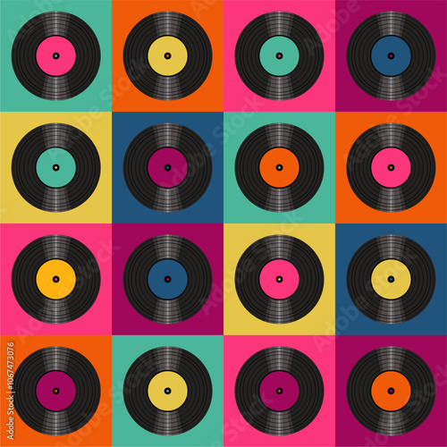 Seamless pattern print wallpaper with vinyl record discs music illustration vector retro style 60s, 70s, 80s, design art background for paper, textile, pack etc. 