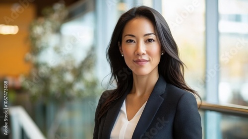 Wallpaper Mural Professional woman in business attire, working on a project, looking directly at the camera with a warm smile in a modern office Torontodigital.ca
