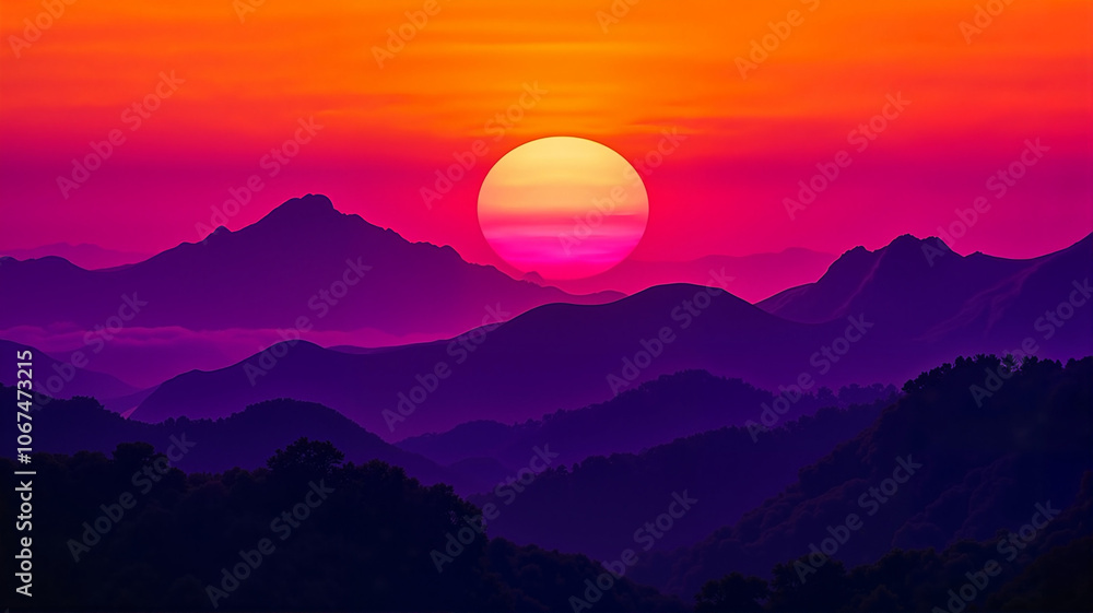 Vibrant sunset over silhouetted mountain range with dramatic sky Vibrant sunset over silhouetted mountain range with dramatic sky