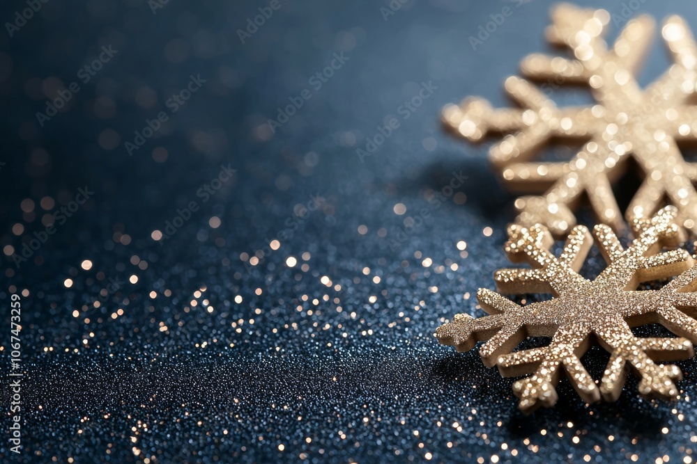 Close-up View of Golden Snowflakes on a Dark Blue Glittery Background Close-up View of Golden Snowflakes on a Dark Blue Glittery Background