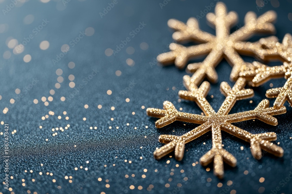 A Detailed Perspective of Two Golden Snowflakes on a Sparkling, Dark Blue Background A Detailed Perspective of Two Golden Snowflakes on a Sparkling, Dark Blue Background