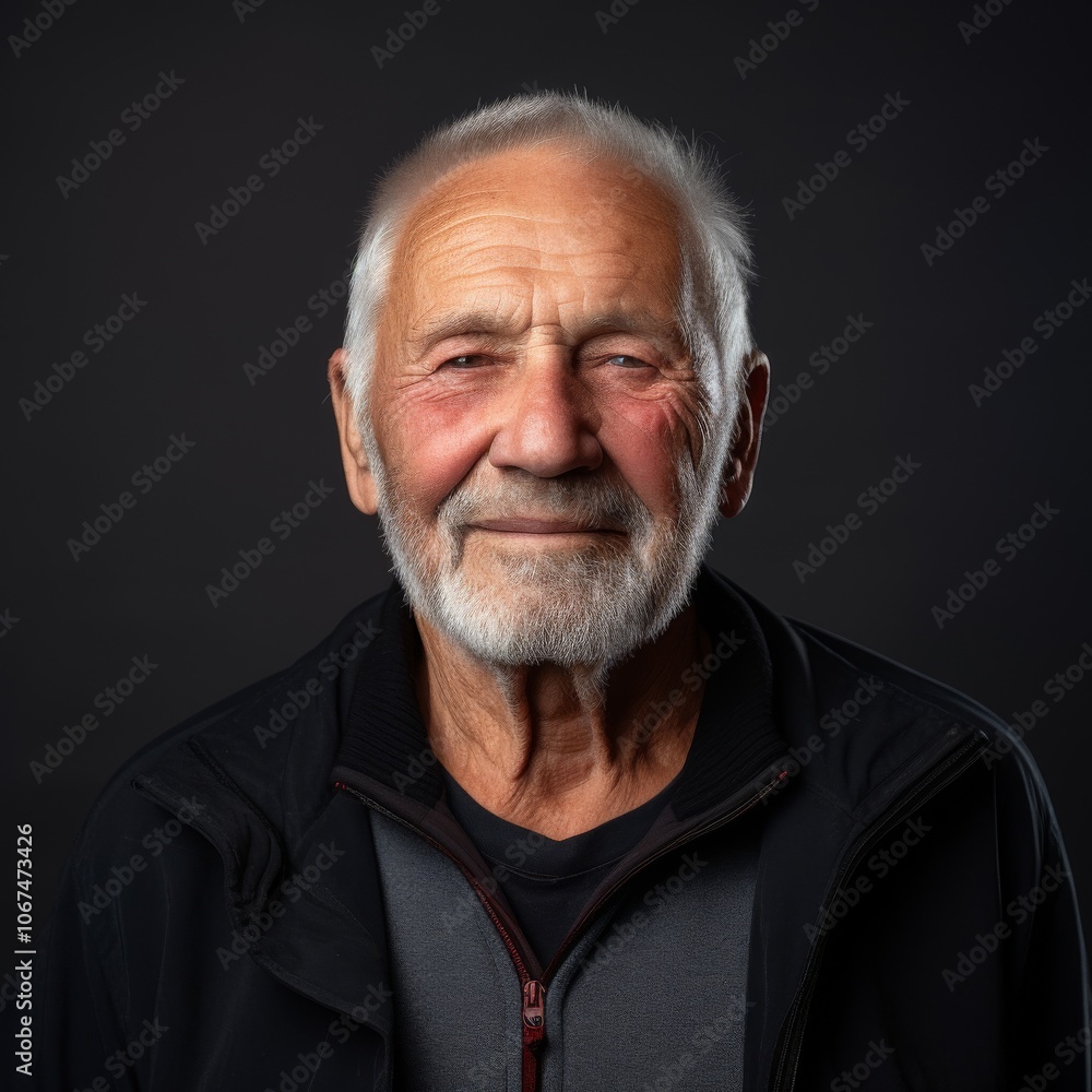 Close up of an elderly man with a beard in a casual flannel shirt on a neutral gray backdrop Close up of an elderly man with a beard in a casual flannel shirt on a neutral gray backdrop
