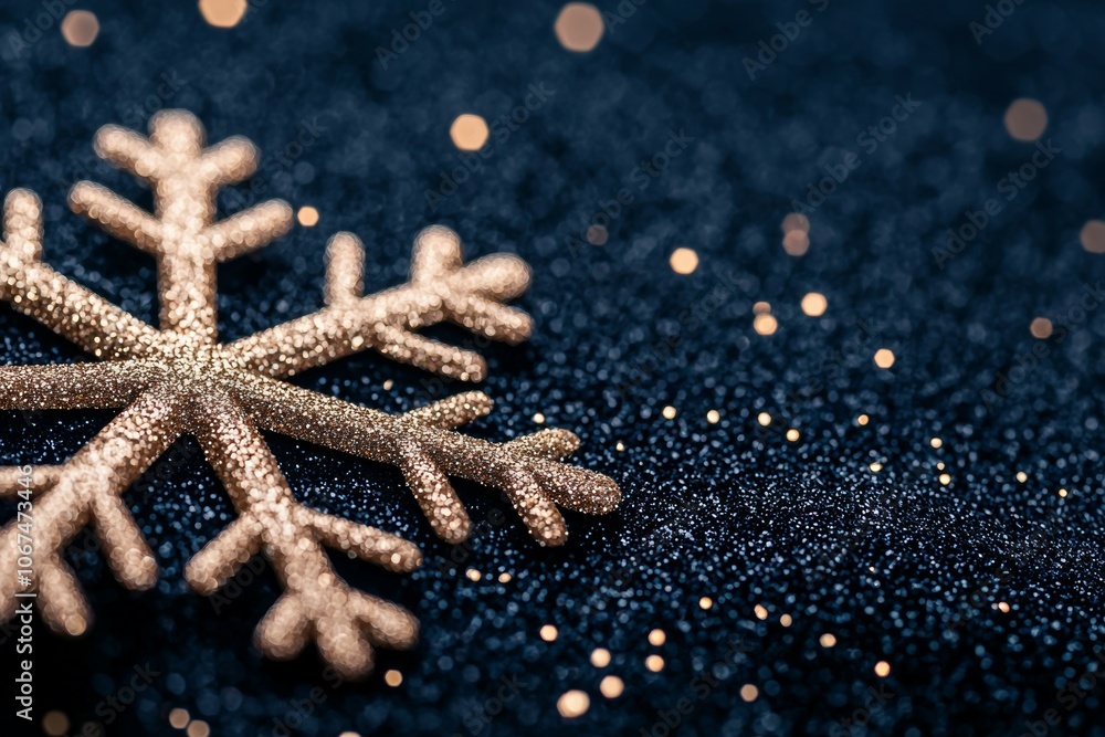 Close-Up Image of Metallic Snowflake with Gold Glitter on Deep Navy Background Close-Up Image of Metallic Snowflake with Gold Glitter on Deep Navy Background
