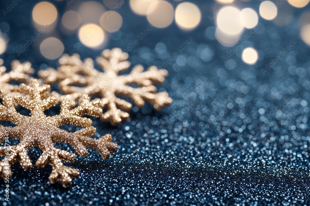 Golden Snowflakes Against a Glittering Bokeh Dark Blue Sky