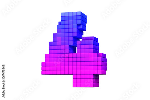 Digital lettering 3D pixel art digit number 4 in pink and purple. High definition 3D rendering. photo