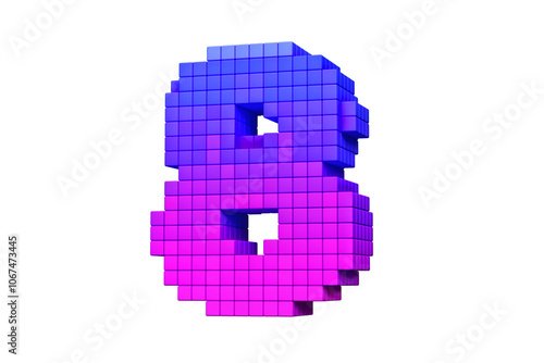 Digital font digit number 8 in purple and magenta colors. High quality 3D rendering pixel art typography.