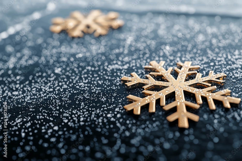 A Close-Up Image of Golden and Intricate Snowflakes on a Black Background A Close-Up Image of Golden and Intricate Snowflakes on a Black Background