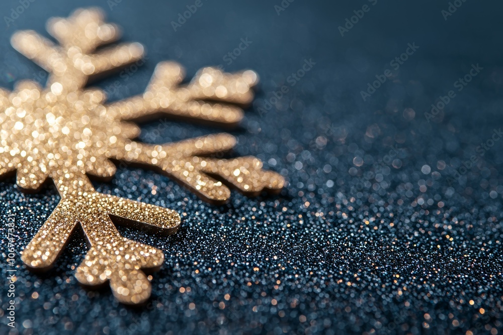 Close-up Image of Sparkling Gold Snowflake on a Festive, Dark Blue Glittery Background Close-up Image of Sparkling Gold Snowflake on a Festive, Dark Blue Glittery Background