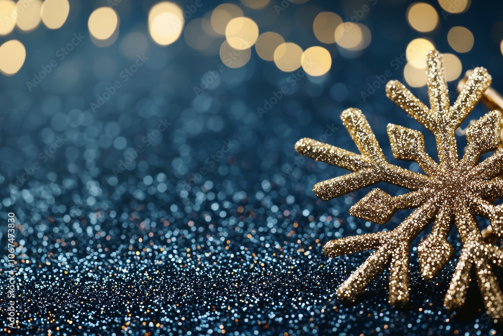 Close-up of Golden Snowflake Against Dark Blue Glittery Background Showcasing a Festive Winter Wonderland. Close-up of Golden Snowflake Against Dark Blue Glittery Background Showcasing a Festive Winter Wonderland.