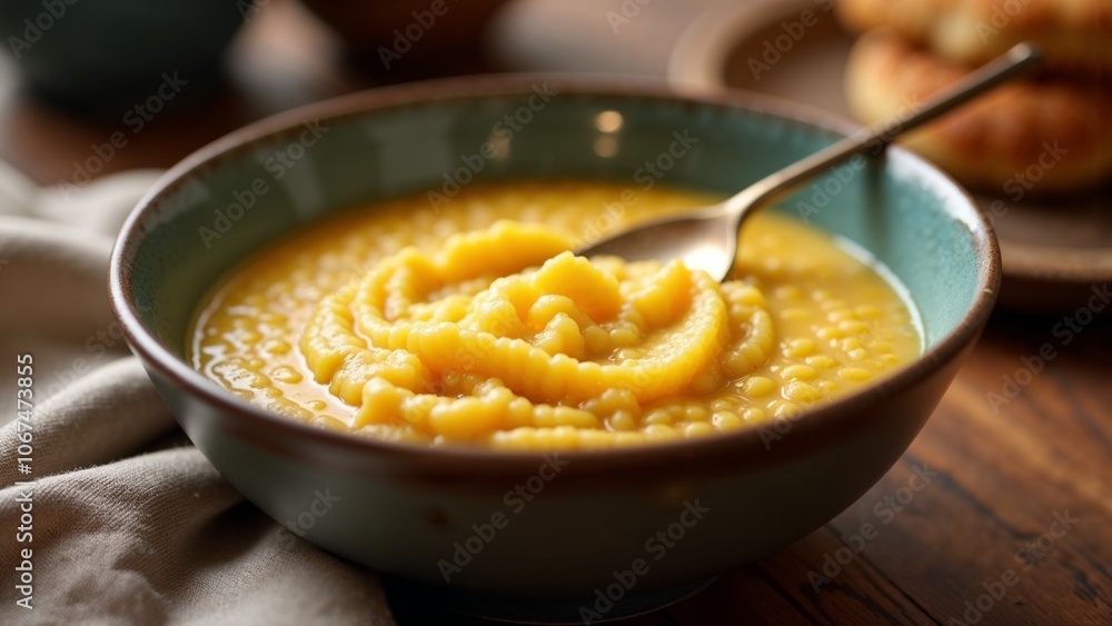 Warm and comforting bowl of Cornmeal porridge served in a rustic kitchen setting, featuring a spoon resting beside it and freshly baked bread in the background. Healthy eating concept. Warm and comforting bowl of Cornmeal porridge served in a rustic kitchen setting, featuring a spoon resting beside it and freshly baked bread in the background. Healthy eating concept.