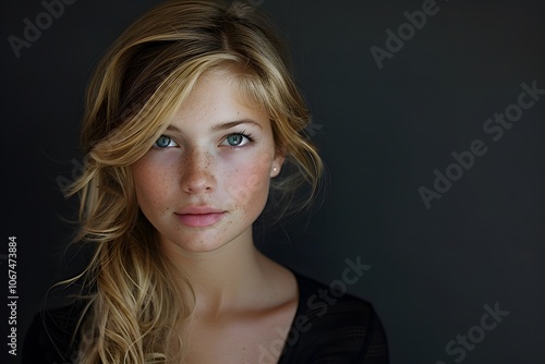 Captivating Portrait of a Young Woman with Freckles and Flowing Hair