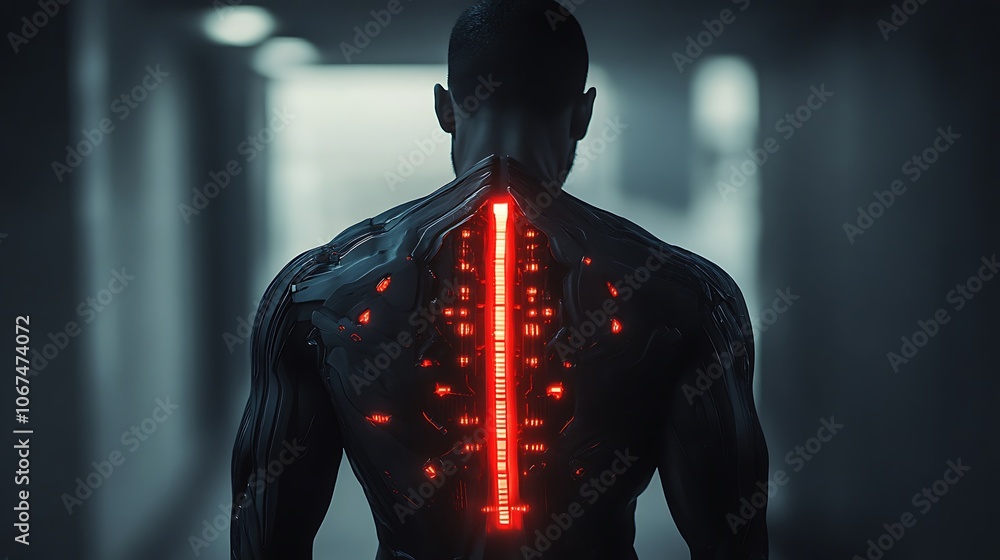 Superhuman figure with glowing tech parts integrated into muscular arms and shoulders, against a dark futuristic setting Superhuman figure with glowing tech parts integrated into muscular arms and shoulders, against a dark futuristic setting