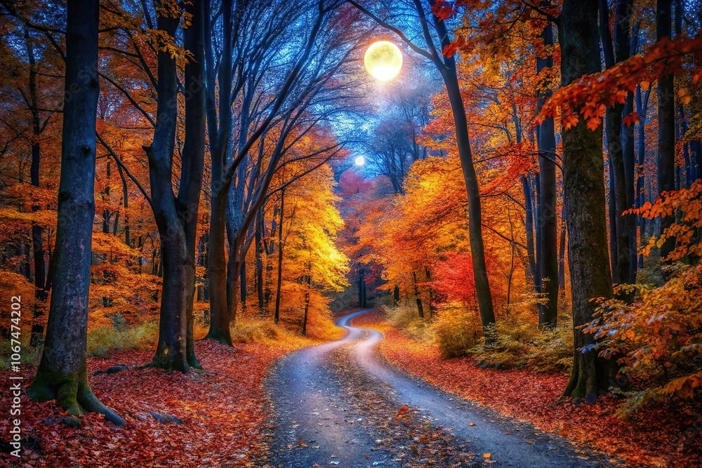 Nightfall on a mystical autumn forest path. AI image. Nightfall on a mystical autumn forest path. AI image.