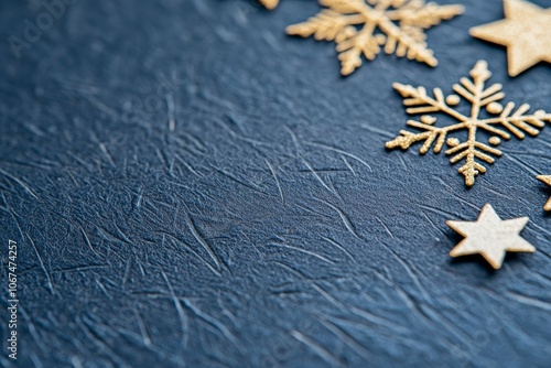 Detailed Close-Up of Festive Dark Blue Textured Surface with Gold Snowflakes and Stars