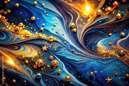 Night Photography Blue Marbled Golden Glitter Background