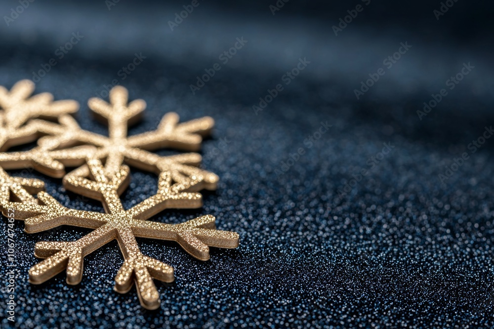 Detailed Close-up of Gold Snowflake on Dark Blue Glittery Background Detailed Close-up of Gold Snowflake on Dark Blue Glittery Background