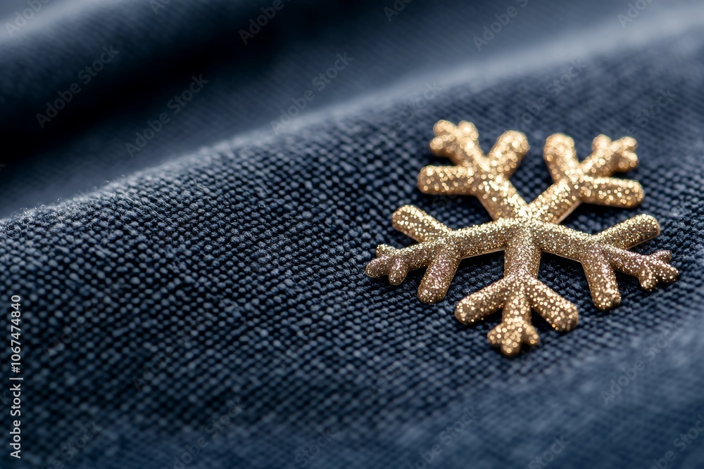 A Close-up Image of an Intricately Designed Gold Snowflake Brooch on Dark Blue Fabric A Close-up Image of an Intricately Designed Gold Snowflake Brooch on Dark Blue Fabric