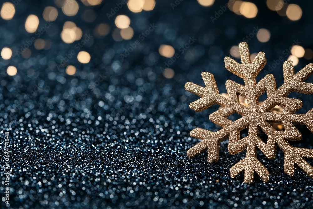 Close-up View of Gold Glitter Snowflake on a Dark Blue Glittery Background Close-up View of Gold Glitter Snowflake on a Dark Blue Glittery Background