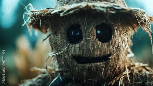 The image features a cheerful scarecrow with large black eyes and a worn straw hat, smiling broadly amidst a tranquil rural backdrop, exuding a warm rustic feel. photo