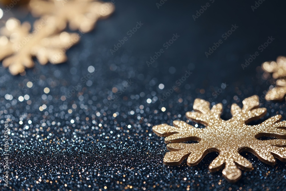 A Close-Up View of Gold Snowflakes on a Sparkling Dark Blue Background A Close-Up View of Gold Snowflakes on a Sparkling Dark Blue Background