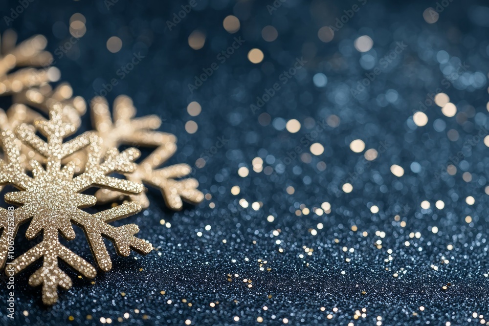Close-Up Image of Golden Snowflakes Against a Blue Glittery Background with White Dots Close-Up Image of Golden Snowflakes Against a Blue Glittery Background with White Dots