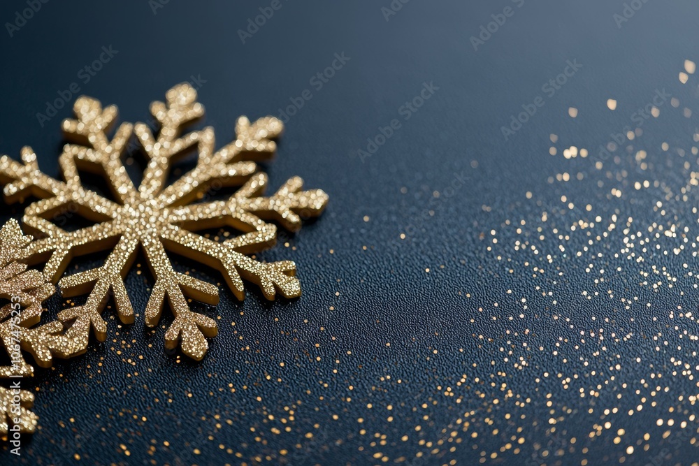 Detailed Close-up of a Shiny Gold Snowflake on a Dark Blue Background with Sparkling Particles Detailed Close-up of a Shiny Gold Snowflake on a Dark Blue Background with Sparkling Particles