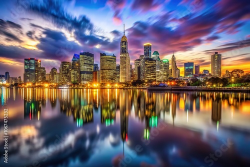 Night sky awash with vibrant reflections of the city's heart.