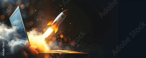 Laptop Screen with Rocket Launch in the Air

