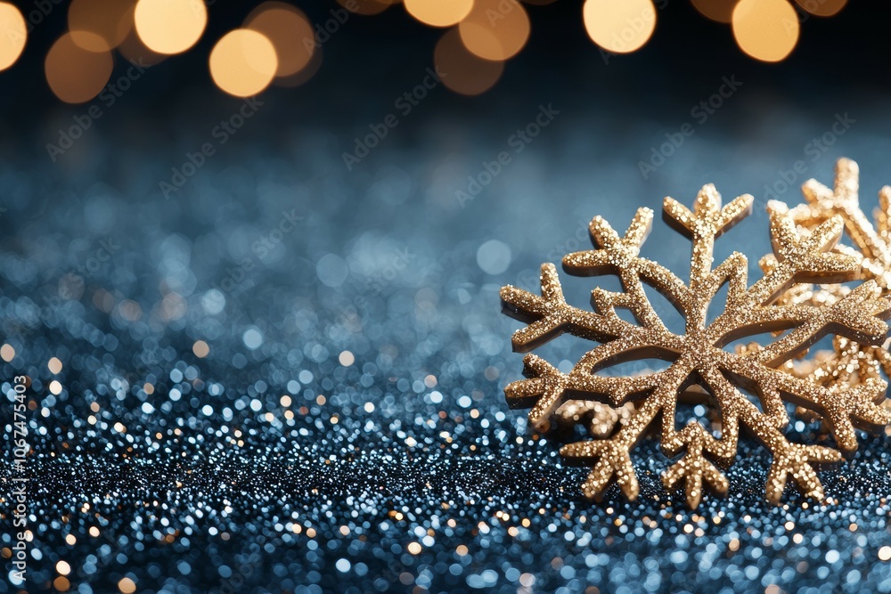 Intricate Golden Snowflake Close-up Against a Dreamy, Blue, Glittery Night Sky Intricate Golden Snowflake Close-up Against a Dreamy, Blue, Glittery Night Sky