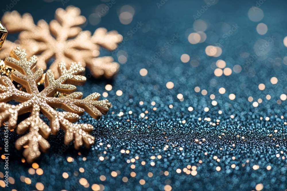 A Close-Up Shot of Golden Snowflakes against Blue Glittery Background with White Bokeh A Close-Up Shot of Golden Snowflakes against Blue Glittery Background with White Bokeh