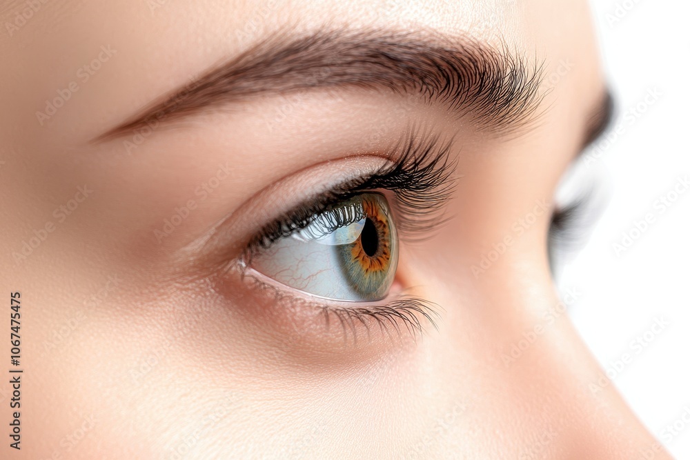 Fototapeta premium A woman with eye pain and strain against a plain white backdrop