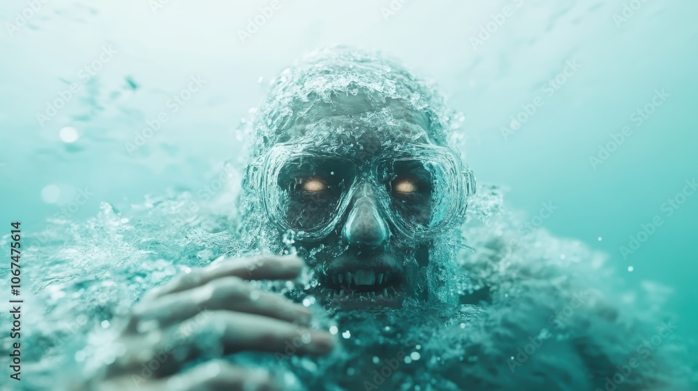 An enigmatic figure submerged in water with glowing eyes and a menacing expression creates a tense atmosphere, hinting at mystery and fear with digital artistry. An enigmatic figure submerged in water with glowing eyes and a menacing expression creates a tense atmosphere, hinting at mystery and fear with digital artistry.