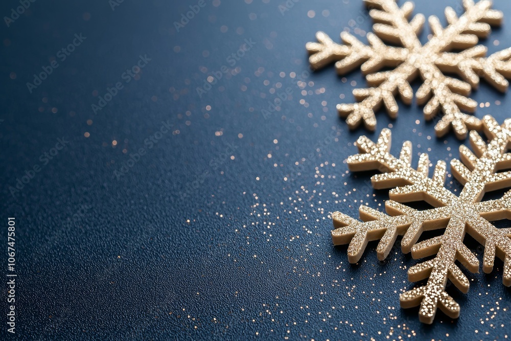 Close-Up of Two Golden Snowflakes on a Textured Dark Blue Background Close-Up of Two Golden Snowflakes on a Textured Dark Blue Background