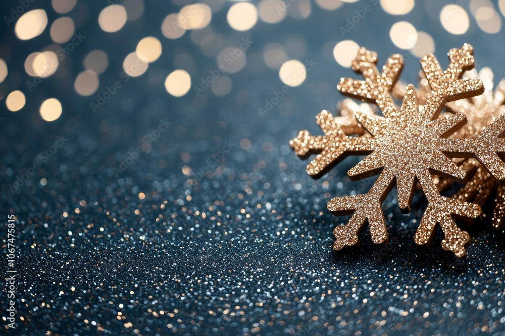 An Intricate Gold Snowflake Centered on a Dark Blue Glittery Background An Intricate Gold Snowflake Centered on a Dark Blue Glittery Background