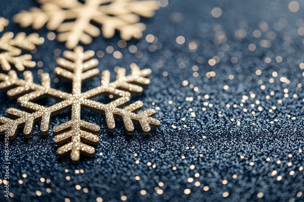 A Striking Close-up Image of Three Gold Snowflakes on a Glittered Dark Blue Background
