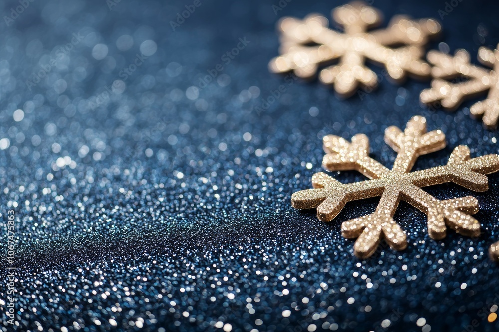 A Close-up Display of Three Golden Snowflakes Amidst a Dark Blue Glittery Background A Close-up Display of Three Golden Snowflakes Amidst a Dark Blue Glittery Background