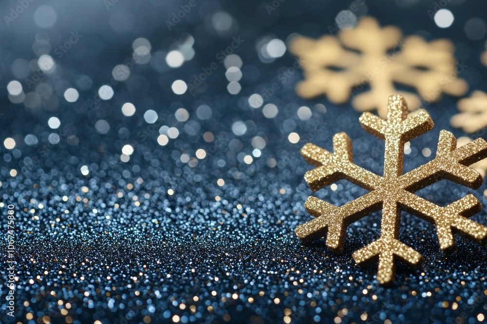 Close-up of a Gold Snowflake Against a Dark Blue Glittery Background Close-up of a Gold Snowflake Against a Dark Blue Glittery Background