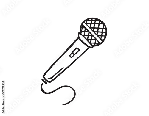 Hand drawn Microphone with wire isolated doodle icon. Musical item for singing, performances, karaoke.
