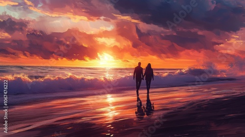 Couple on a sunset beach walk, holding hands, soft ocean waves in the background