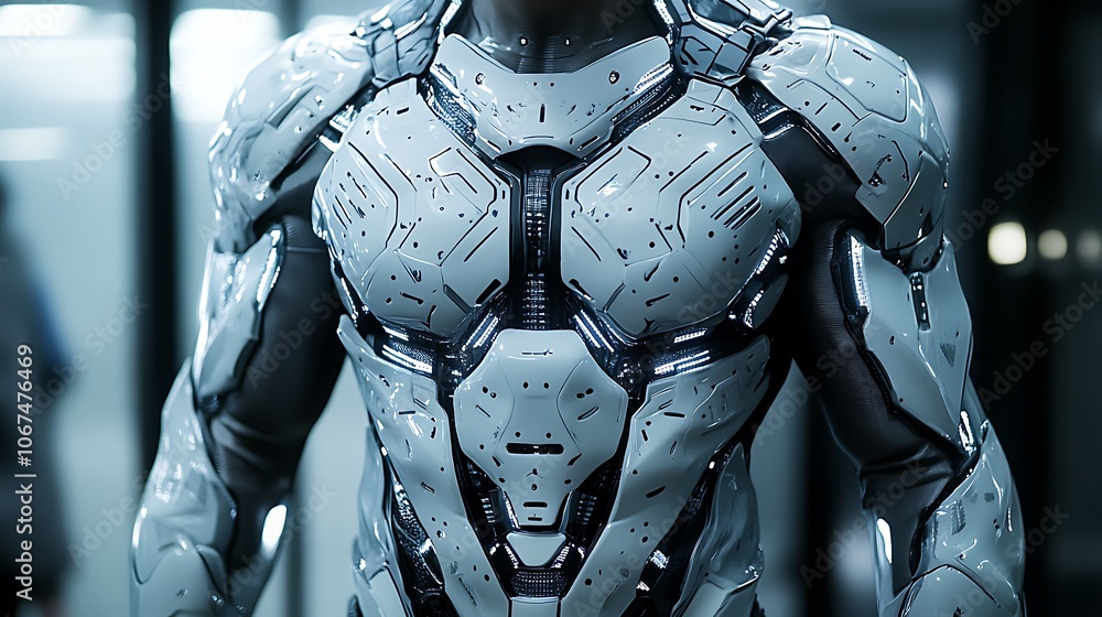 Bionic superhuman torso with integrated tech panels and futuristic energy sources, portrayed in a sleek high-tech environment Bionic superhuman torso with integrated tech panels and futuristic energy sources, portrayed in a sleek high-tech environment