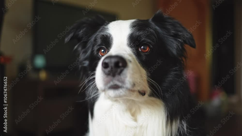 Funny portrait cute puppy dog border collie indoor. Pet dog resting at home. Puppy dog indoors in domestic room. Funny emotional dog having playful mood. Love for pets friendship companion pet care Funny portrait cute puppy dog border collie indoor. Pet dog resting at home. Puppy dog indoors in domestic room. Funny emotional dog having playful mood. Love for pets friendship companion pet care