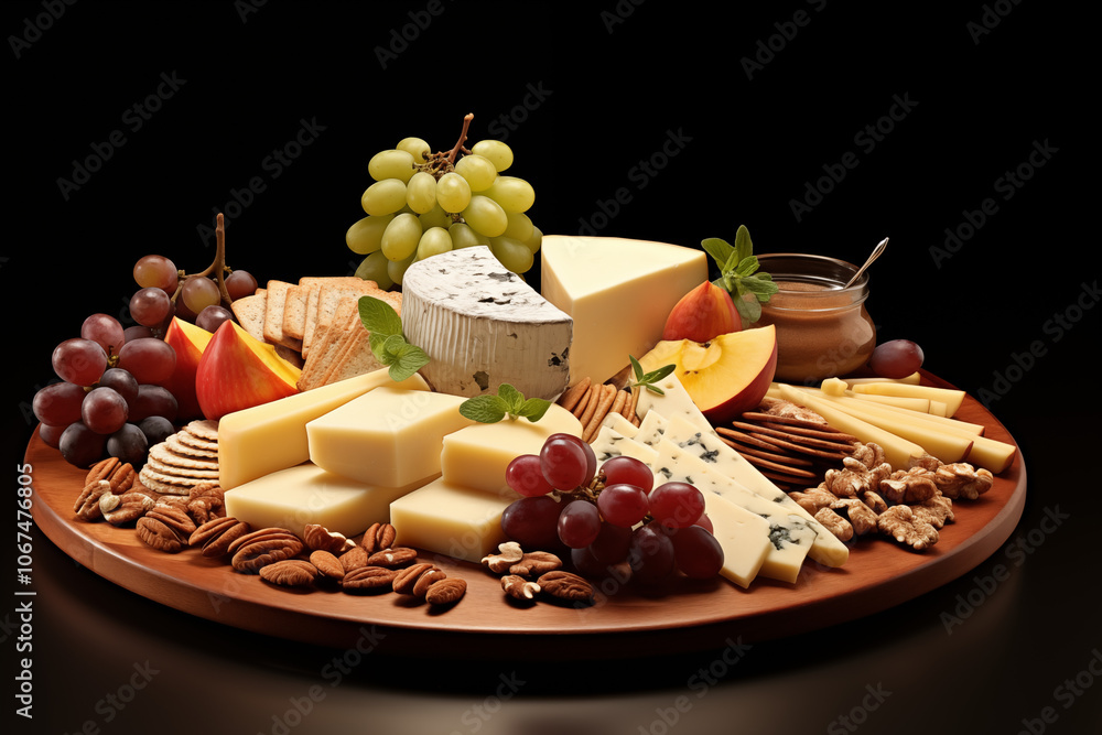 A beautiful cheese platter featuring a variety of cheeses, fruits, and nuts, perfect for parties or gatherings. A beautiful cheese platter featuring a variety of cheeses, fruits, and nuts, perfect for parties or gatherings.