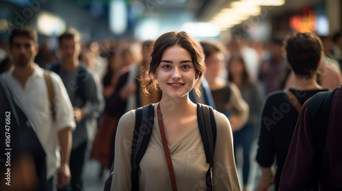 Backpack tourist girl walking smile in the busy crowd