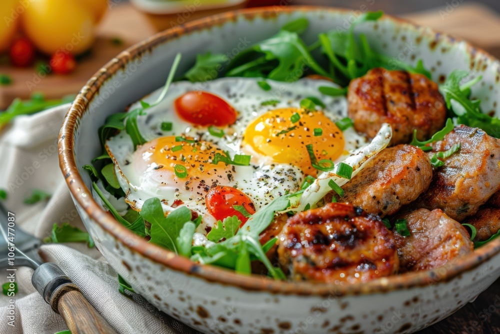 Beautiful Egg and Sausage Breakfast Bowl, Wholesome and Hearty Morning Dish Beautiful Egg and Sausage Breakfast Bowl, Wholesome and Hearty Morning Dish