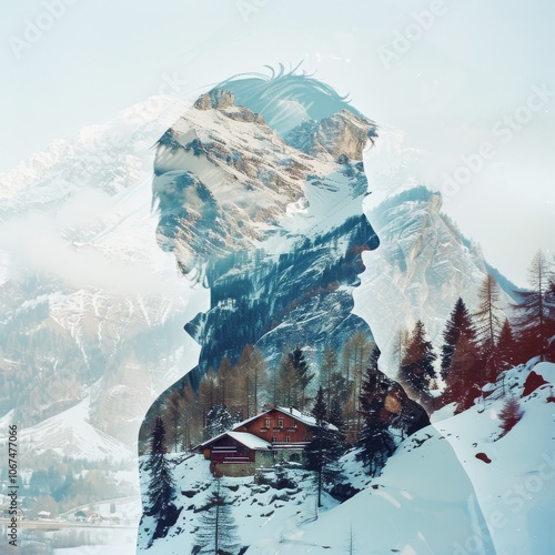 Travel agent creatively blending double exposure landscapes to design inspiring adventurous photo