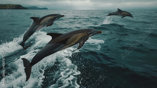 Three dolphins elegantly leap through the ocean waves, a graceful display of the freedom, playful energy, and natural beauty found in marine wildlife settings. photo